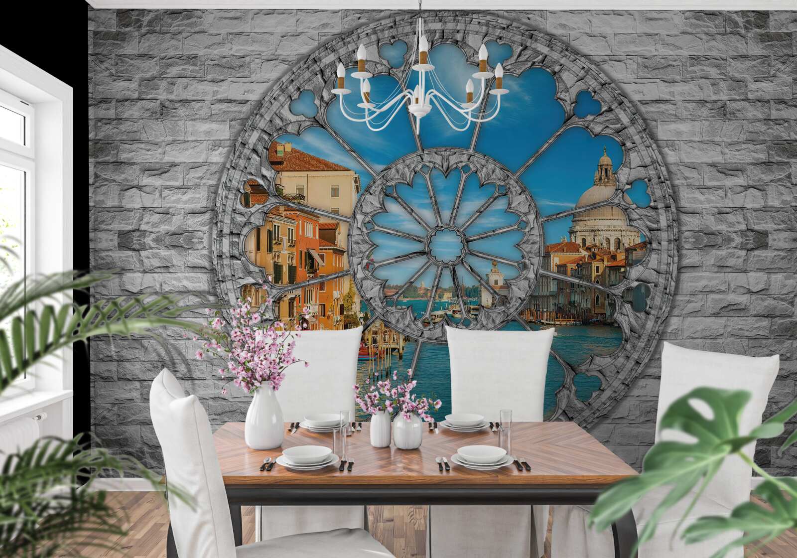 Papier peint fenêtre avec vue panoramique sur le fleuve et la ville