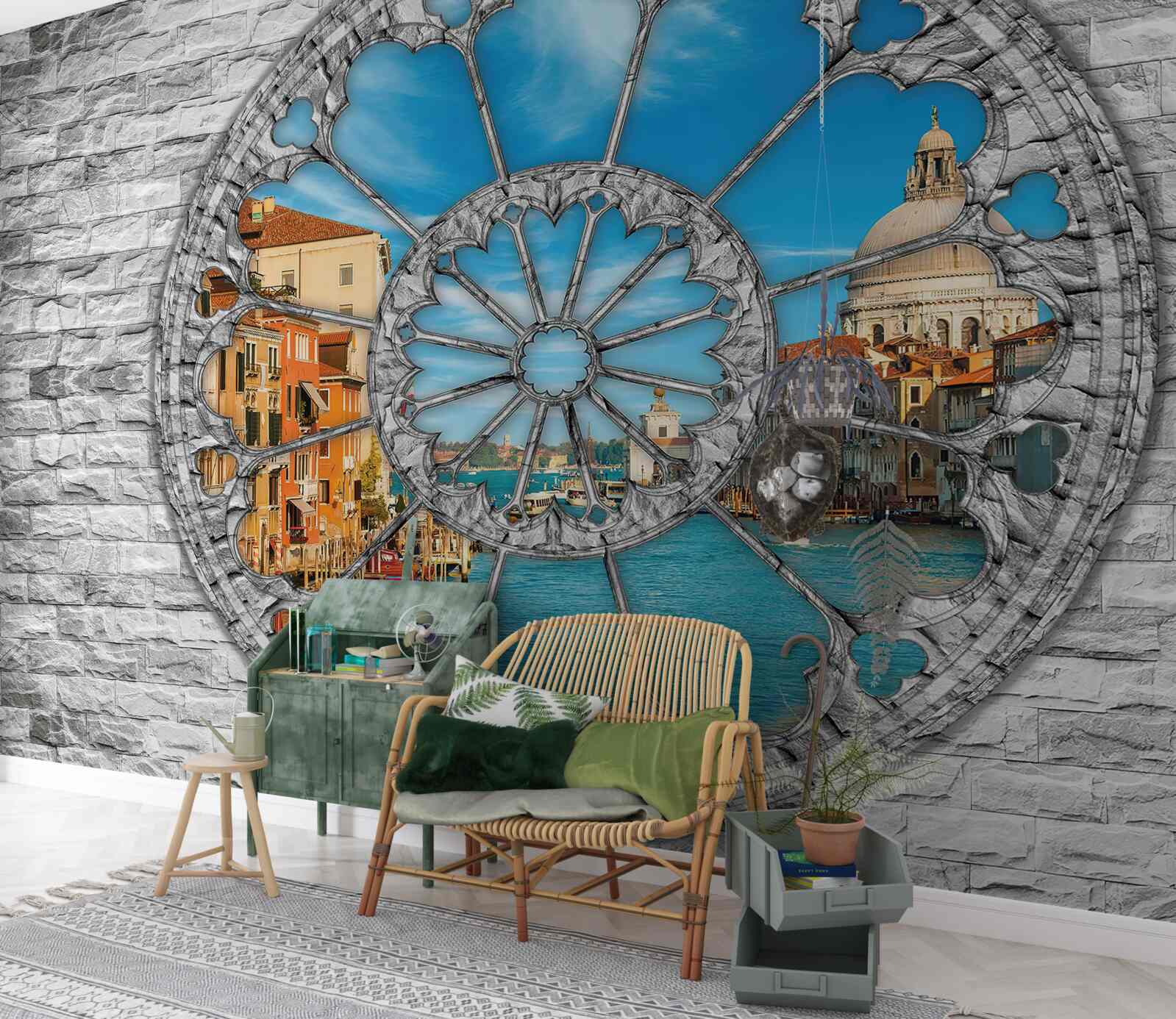 Papier peint fenêtre avec vue panoramique sur le fleuve et la ville