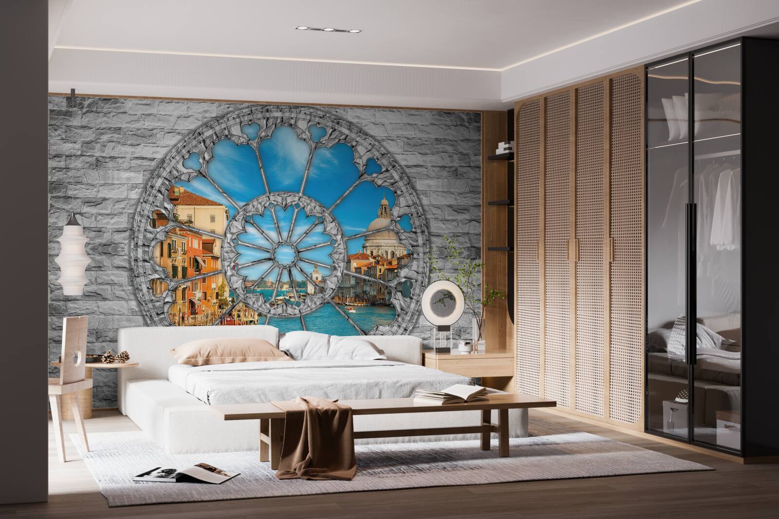 Papier peint fenêtre avec vue panoramique sur le fleuve et la ville