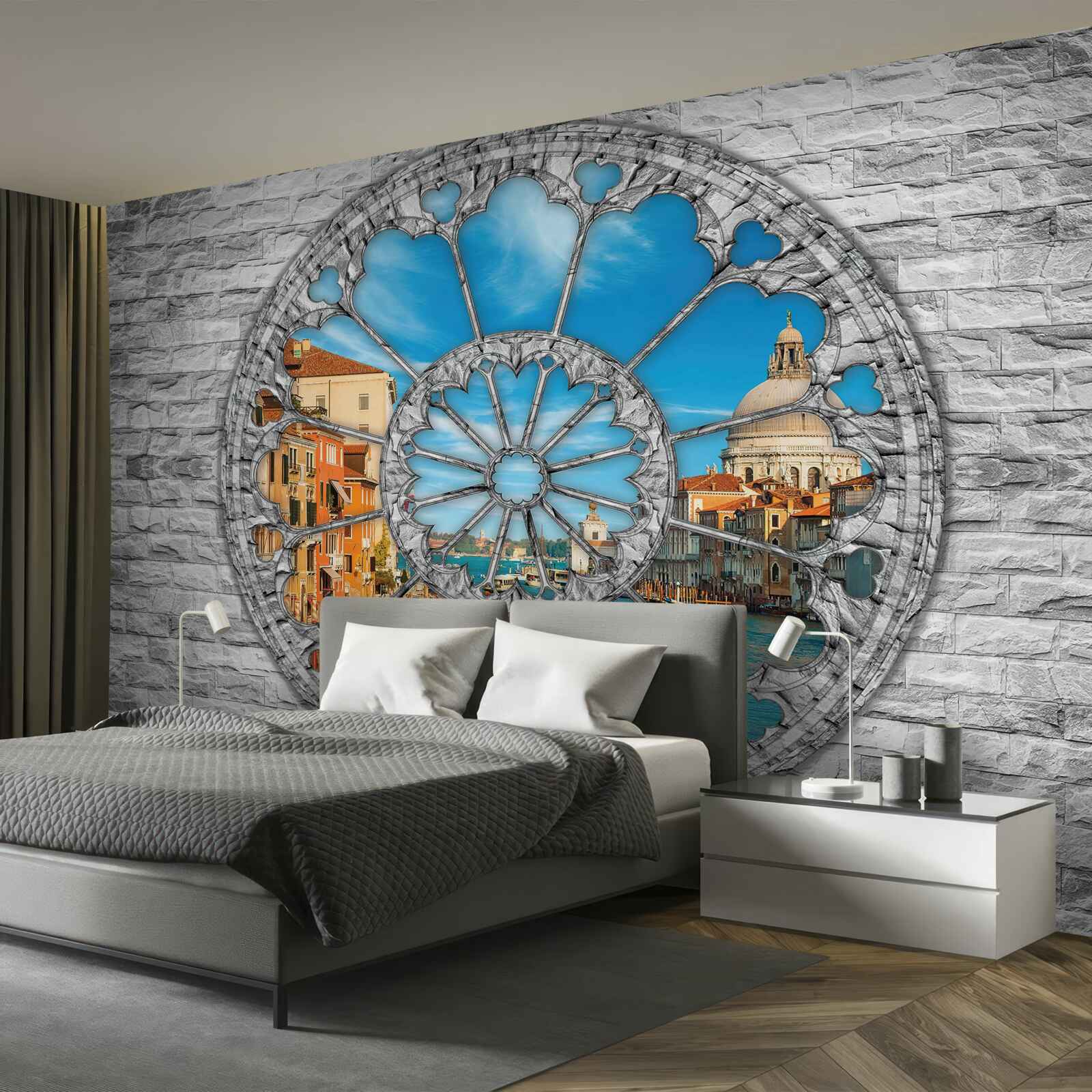 Papier peint fenêtre avec vue panoramique sur le fleuve et la ville