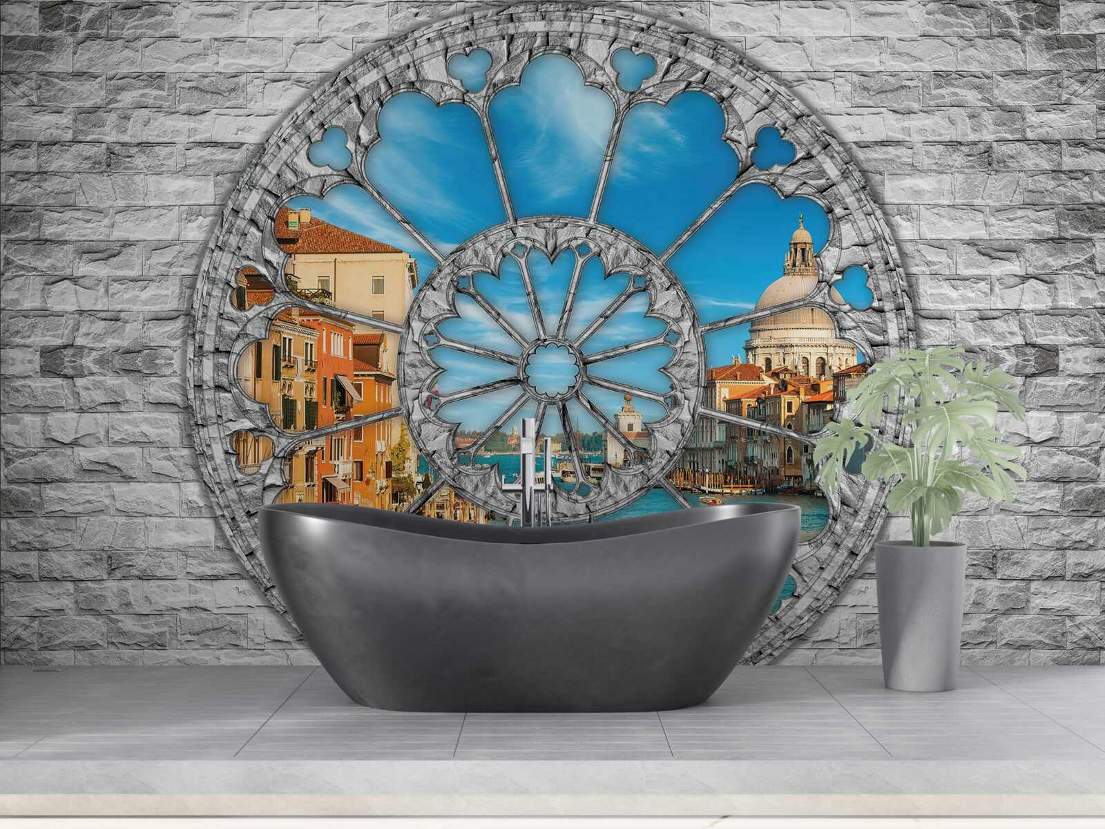 Papier peint fenêtre avec vue panoramique sur le fleuve et la ville