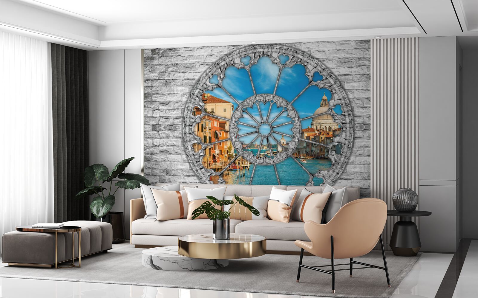 Papier peint fenêtre avec vue panoramique sur le fleuve et la ville