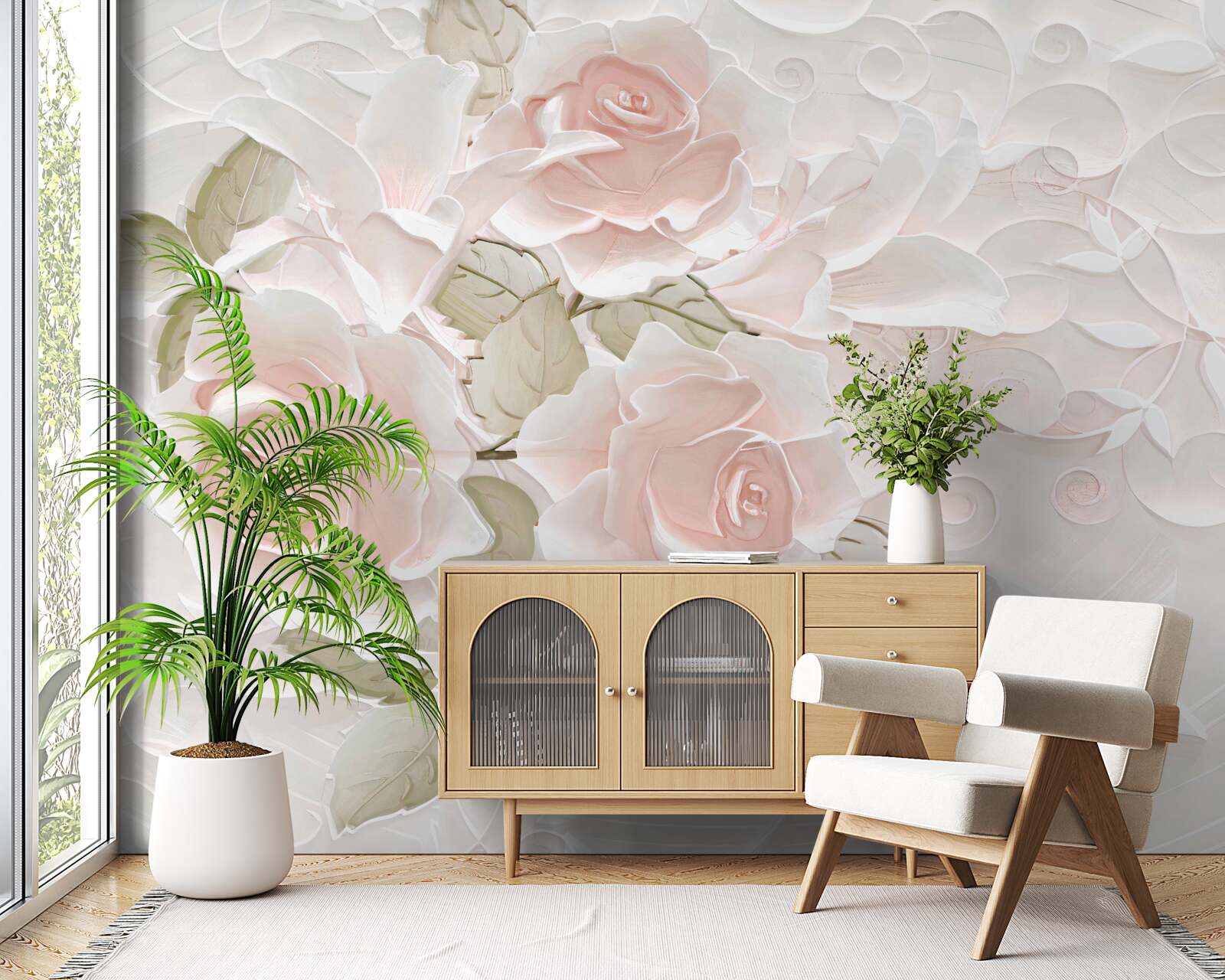 Papier peint roses pâles sur un mur pâle