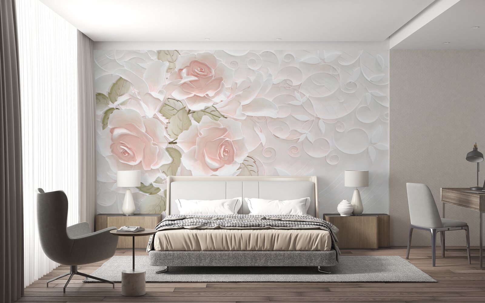 Papier peint roses pâles sur un mur pâle