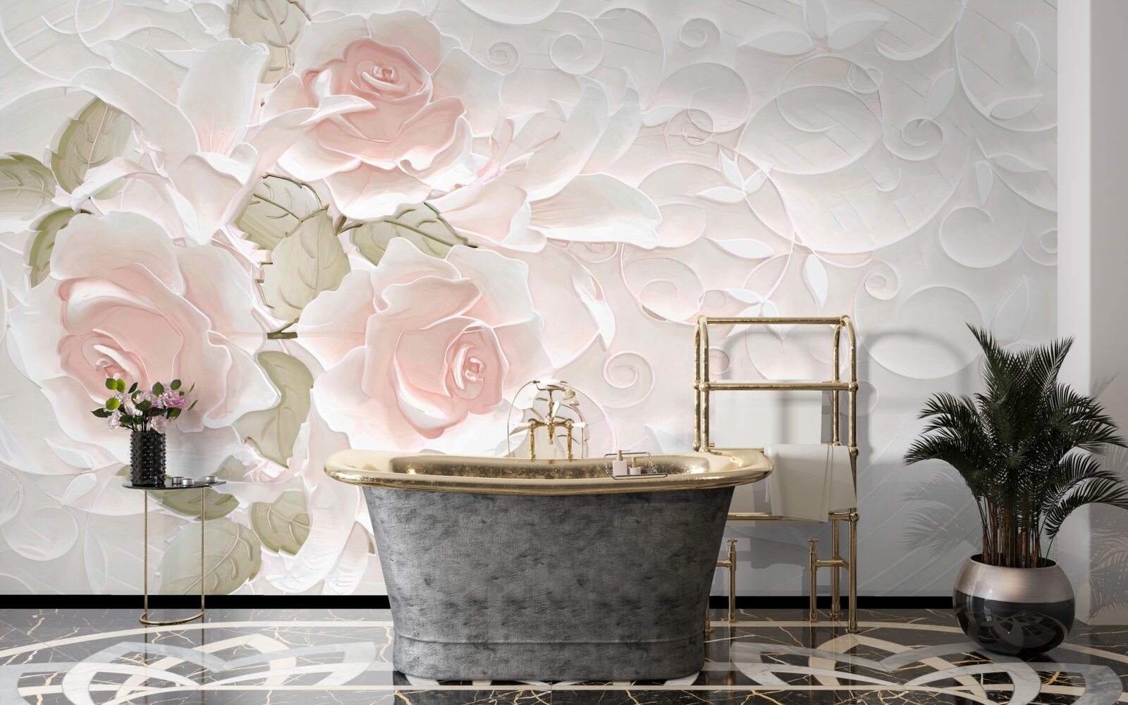 Papier peint roses pâles sur un mur pâle