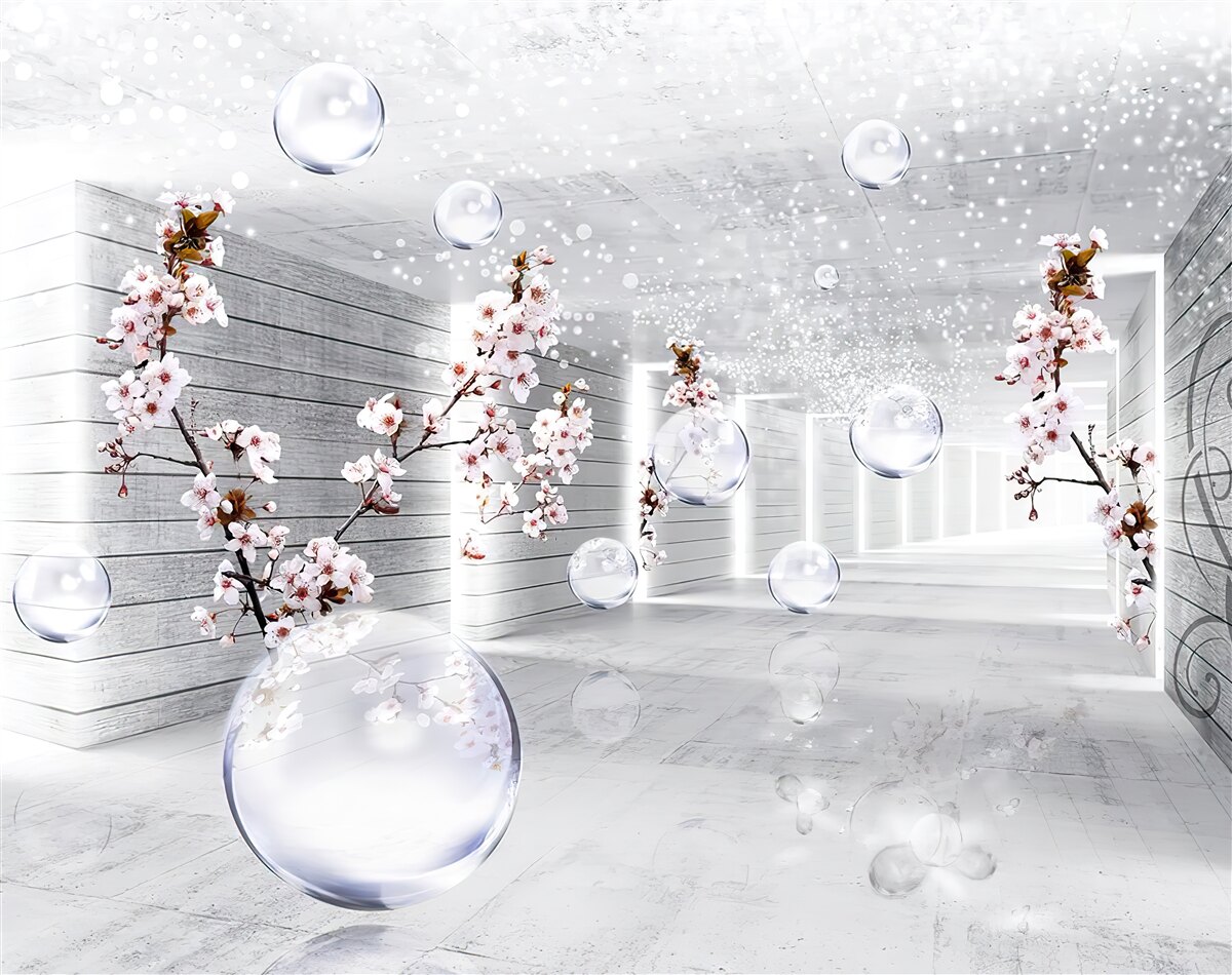 Papier peint des cercles et des branches avec des fleurs à travers lesquelles on peut voir