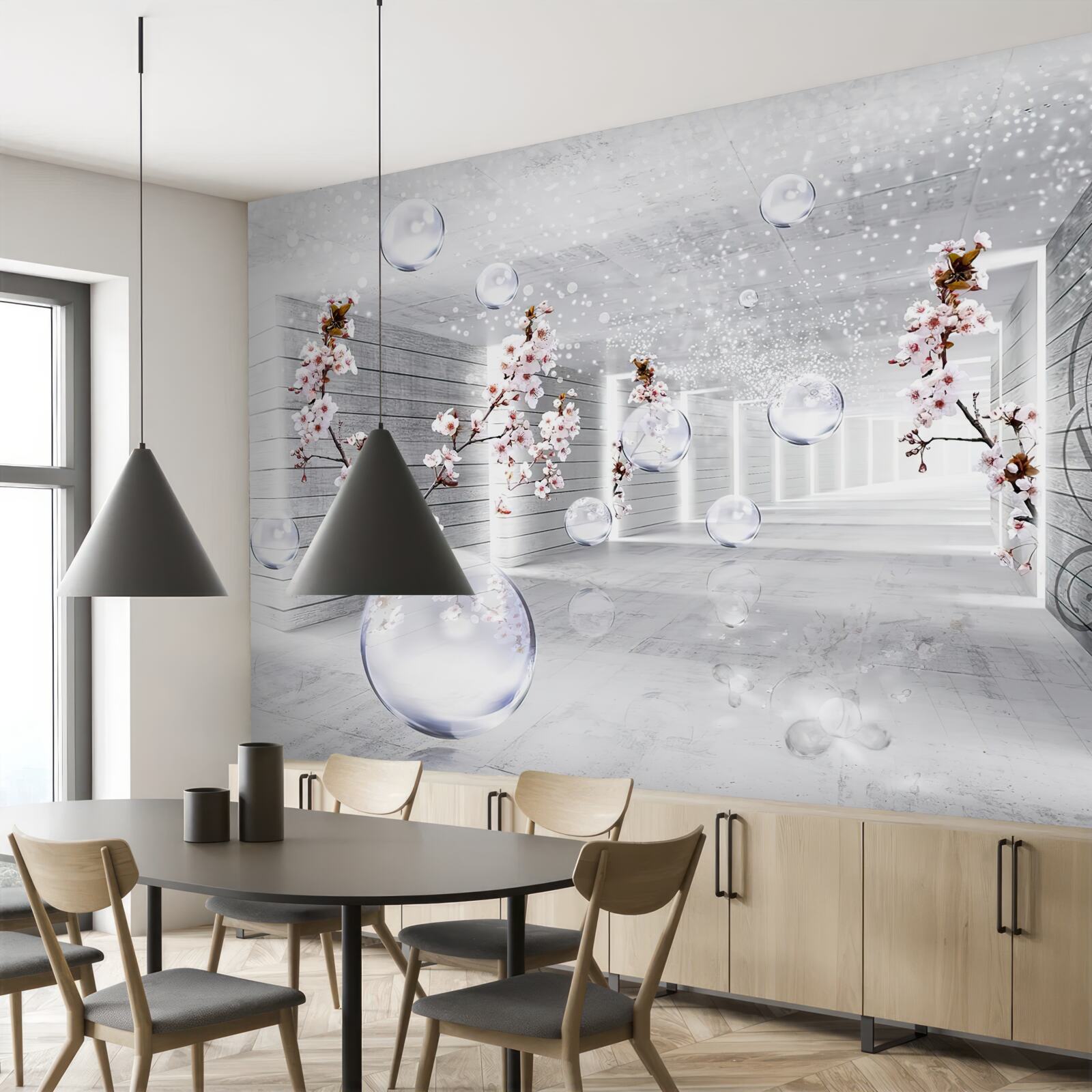 Papier peint des cercles et des branches avec des fleurs à travers lesquelles on peut voir