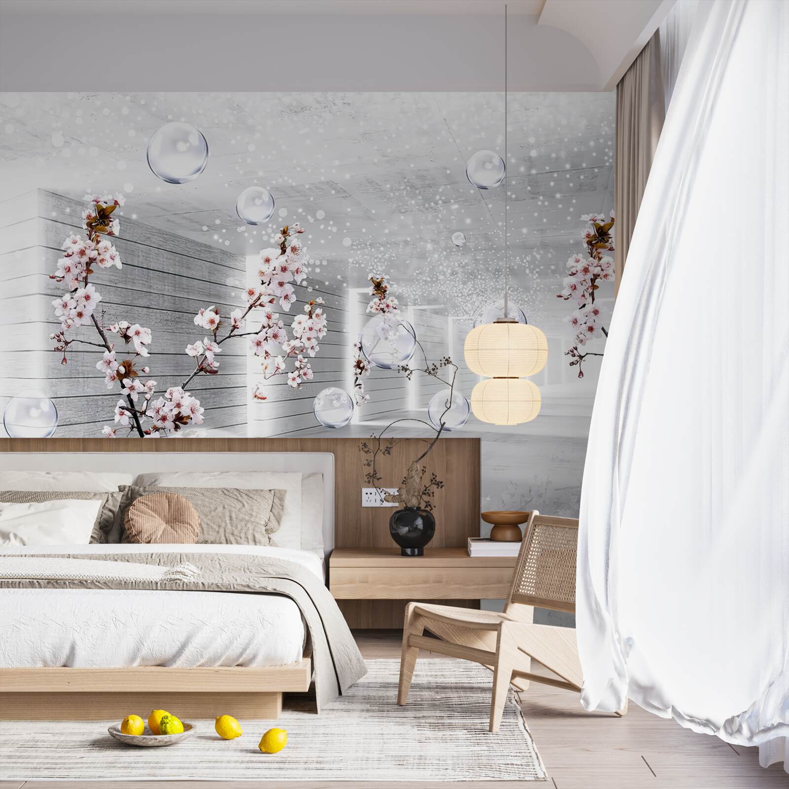 Papier peint des cercles et des branches avec des fleurs à travers lesquelles on peut voir