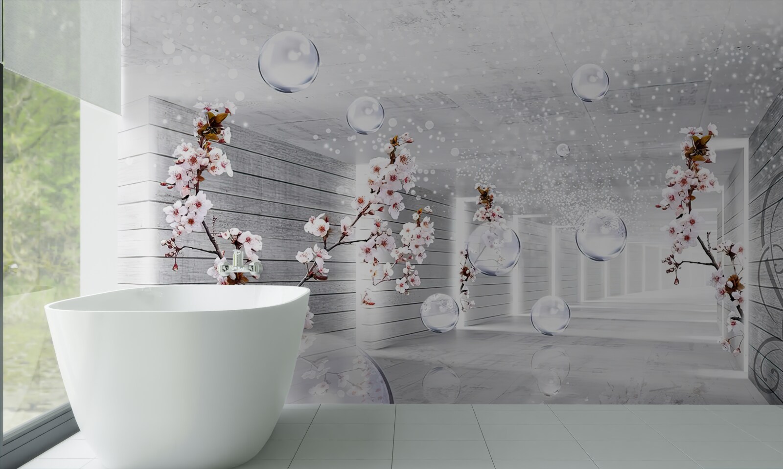 Papier peint des cercles et des branches avec des fleurs à travers lesquelles on peut voir