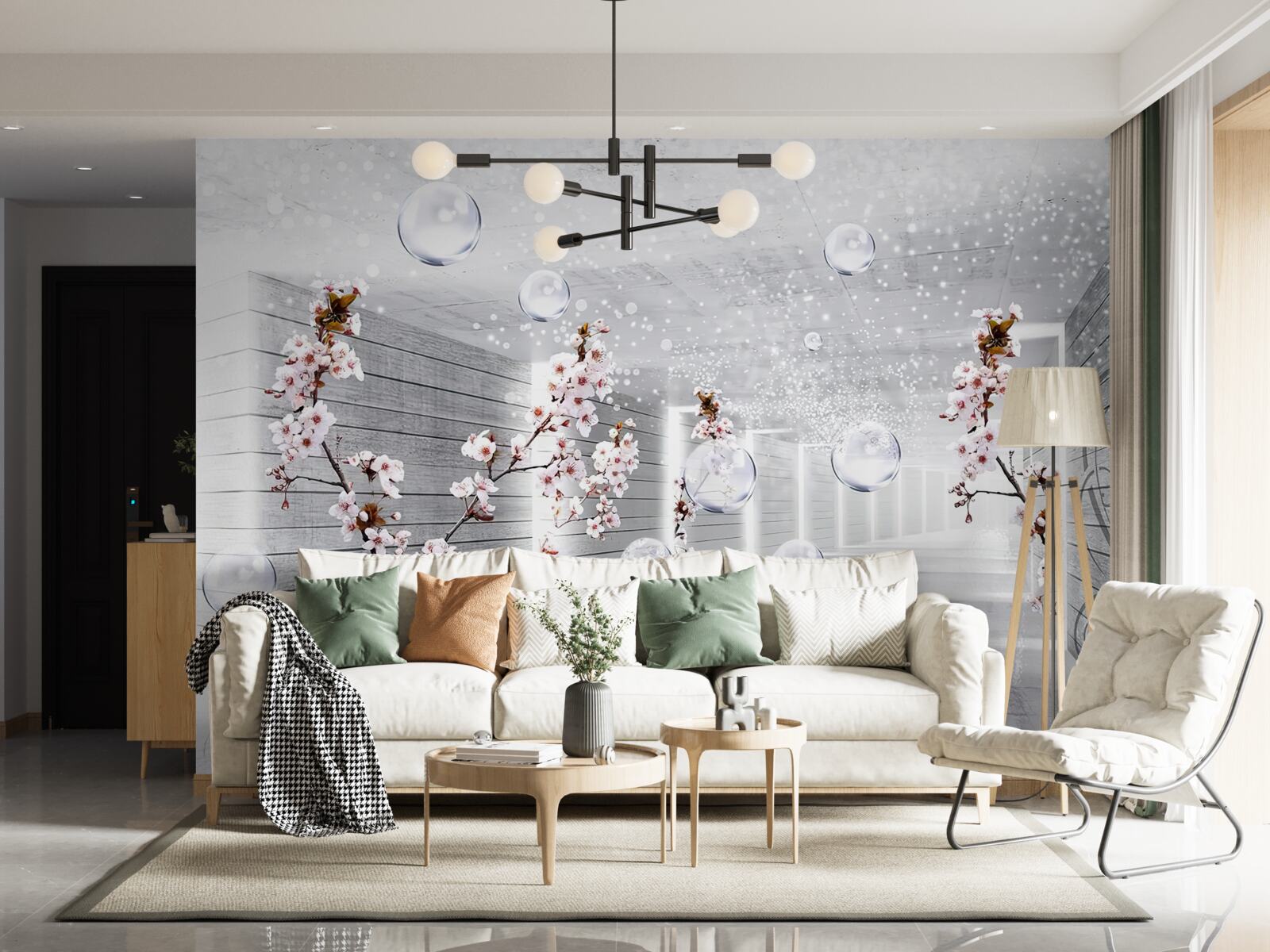 Papier peint des cercles et des branches avec des fleurs à travers lesquelles on peut voir