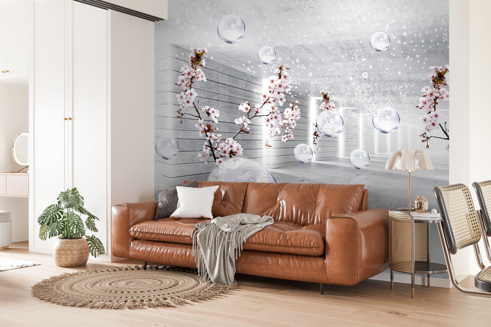 Papier peint des cercles et des branches avec des fleurs à travers lesquelles on peut voir