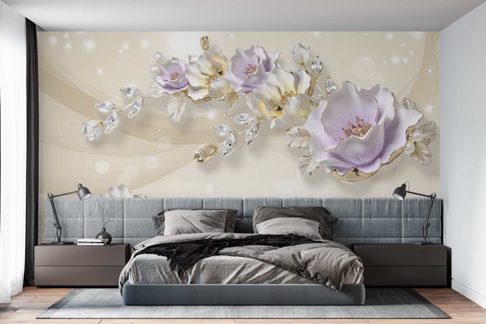 Papier peint fleurs violettes et crème