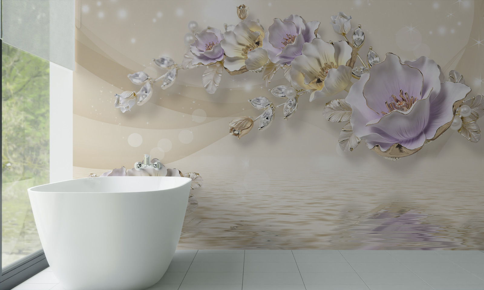 Papier peint fleurs violettes et crème