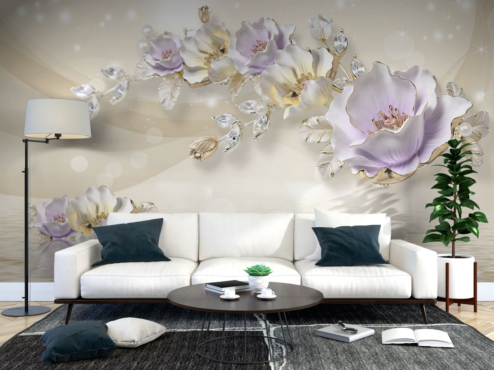 Papier peint fleurs violettes et crème