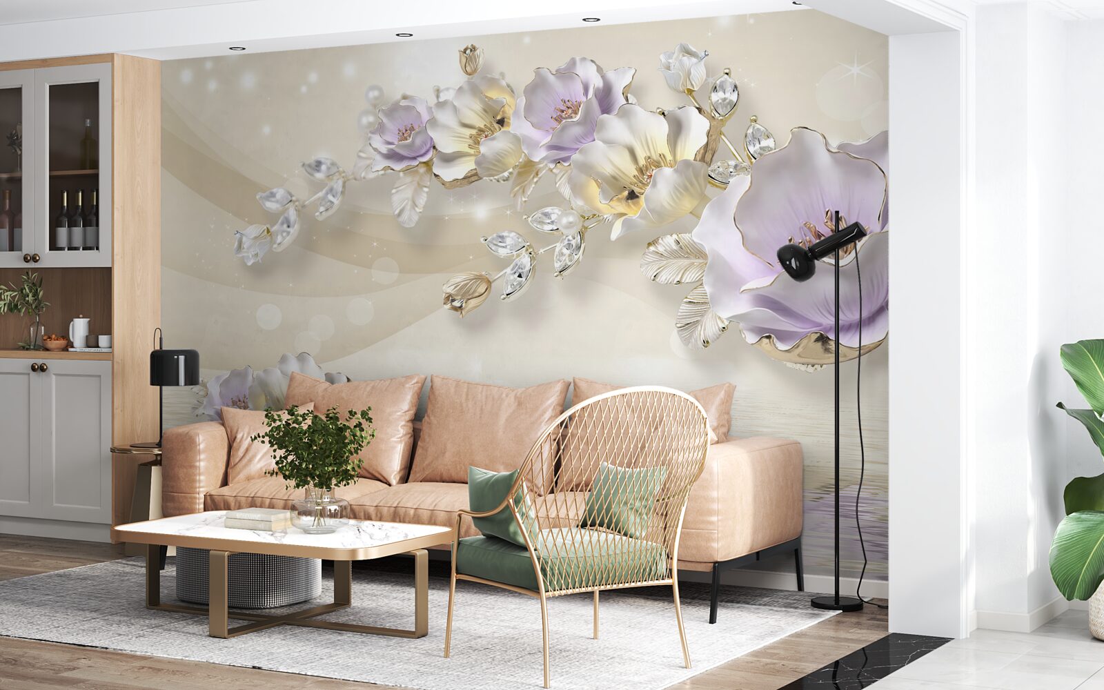 Papier peint fleurs violettes et crème