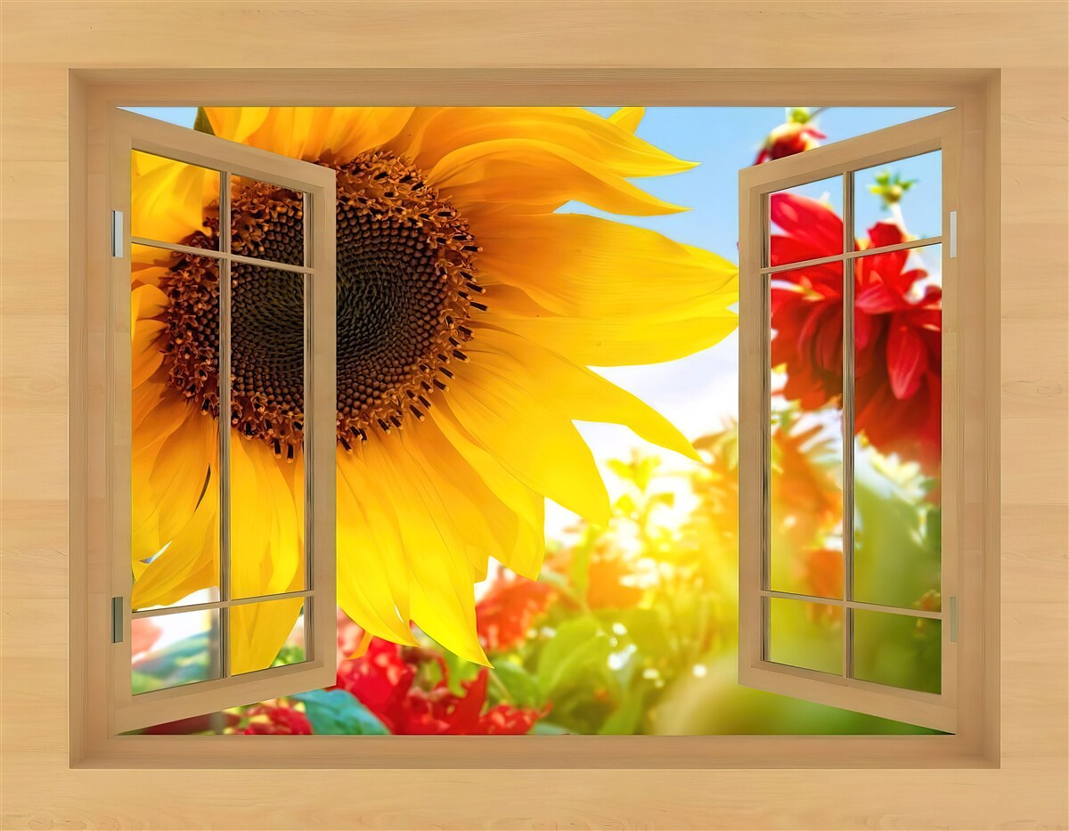 Papier peint de grandes fleurs regardent par la fenêtre