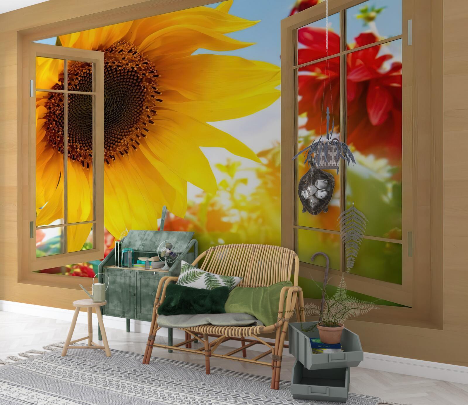 Papier peint de grandes fleurs regardent par la fenêtre