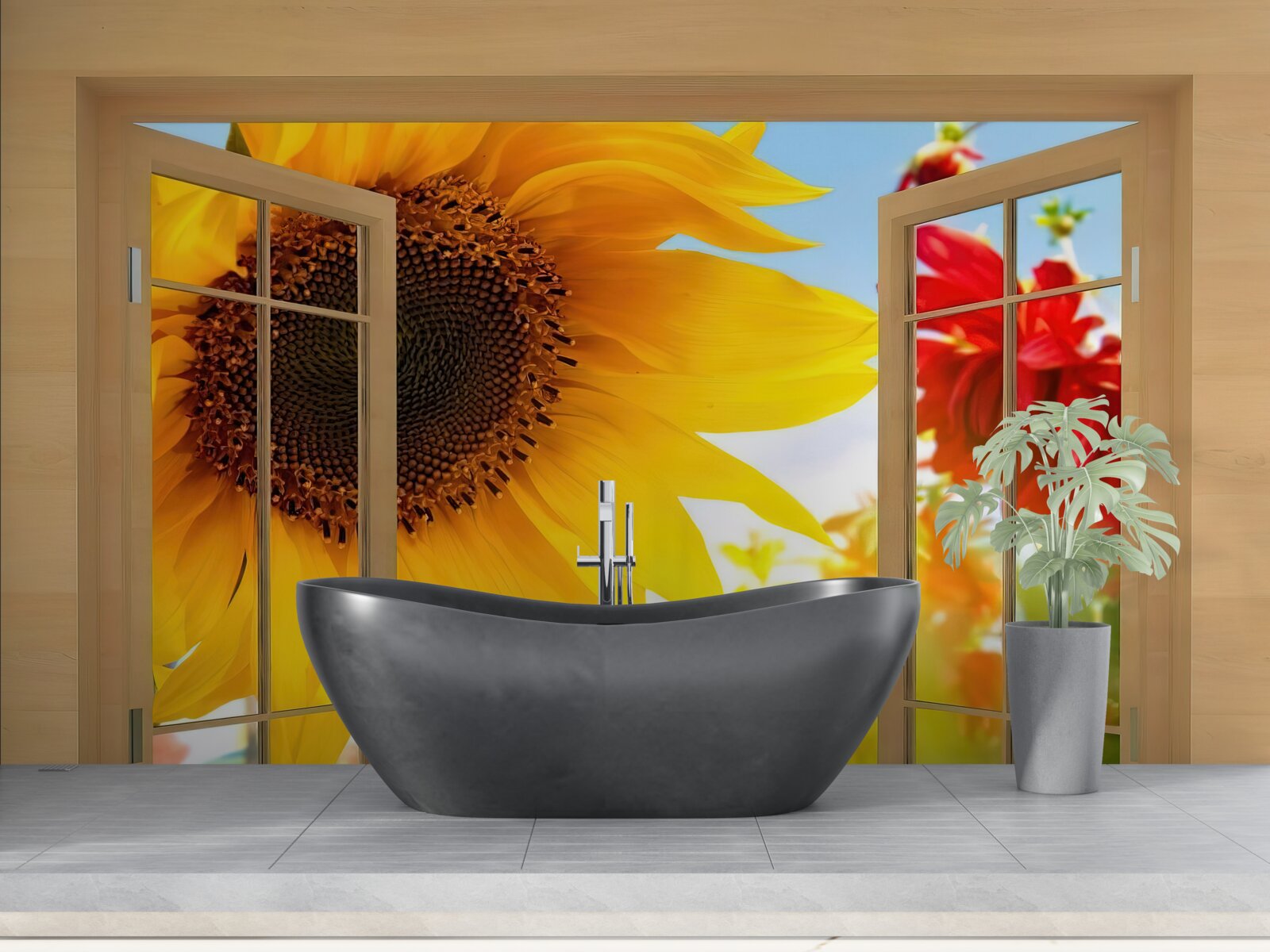 Papier peint de grandes fleurs regardent par la fenêtre