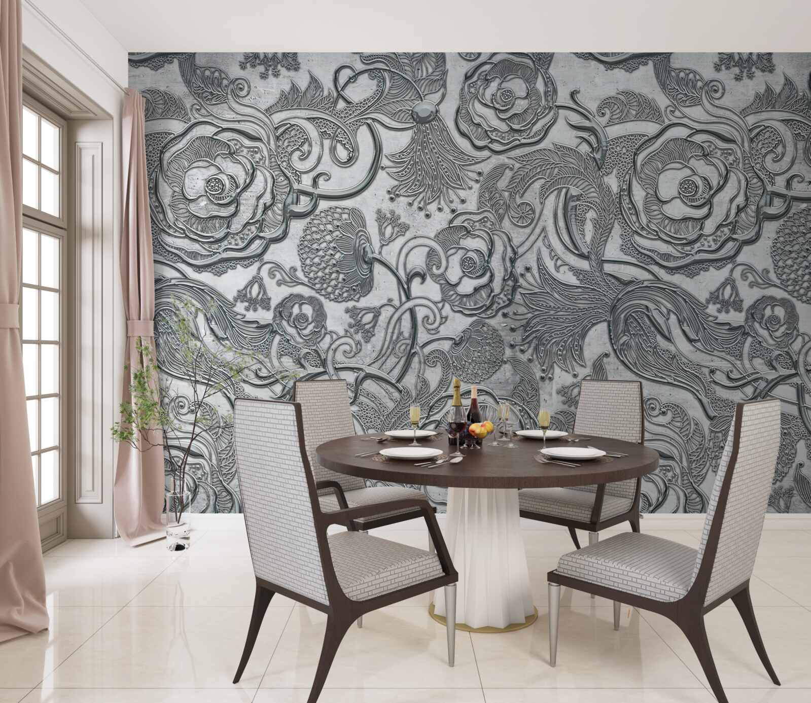 Papier peint des fleurs au contour gris argenté