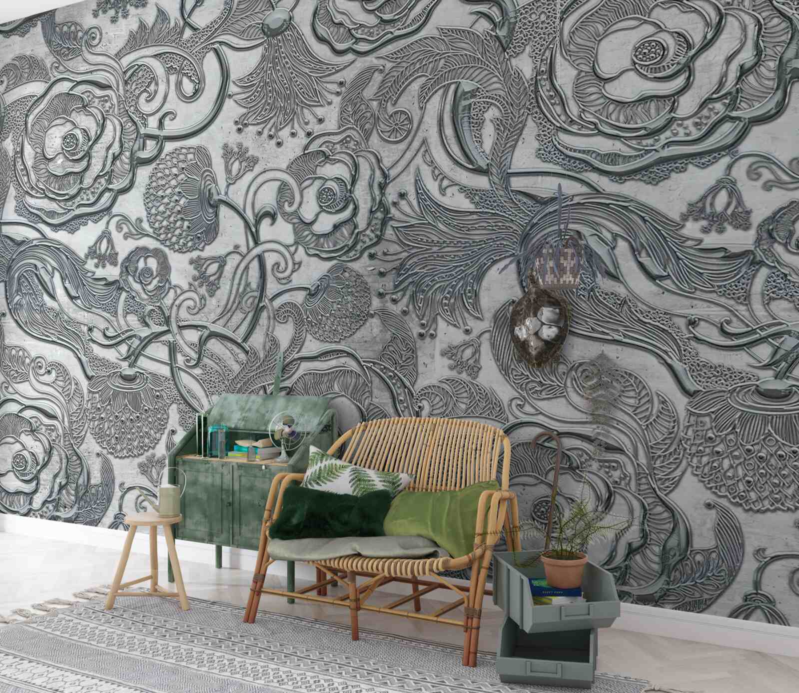 Papier peint des fleurs au contour gris argenté