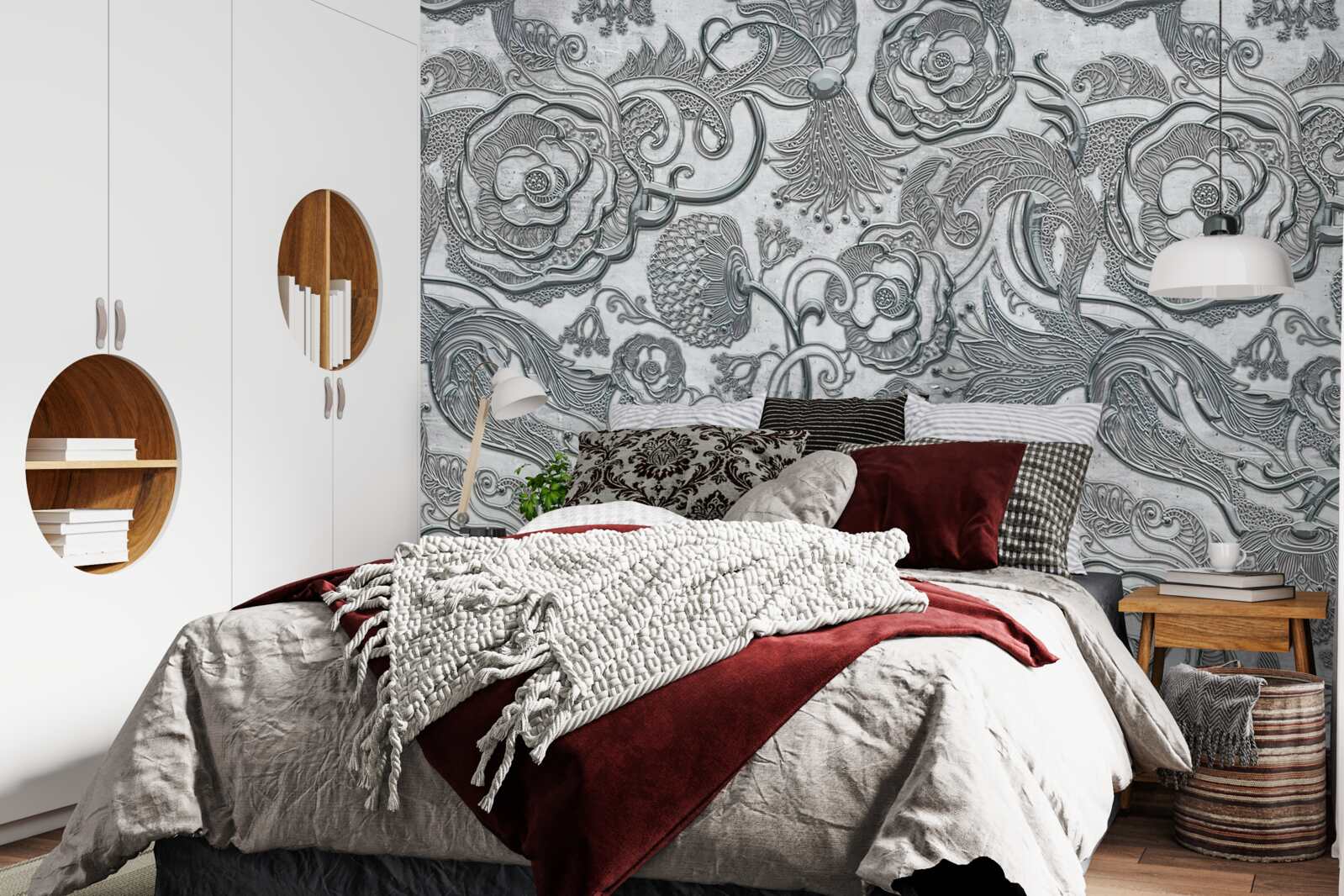 Papier peint des fleurs au contour gris argenté