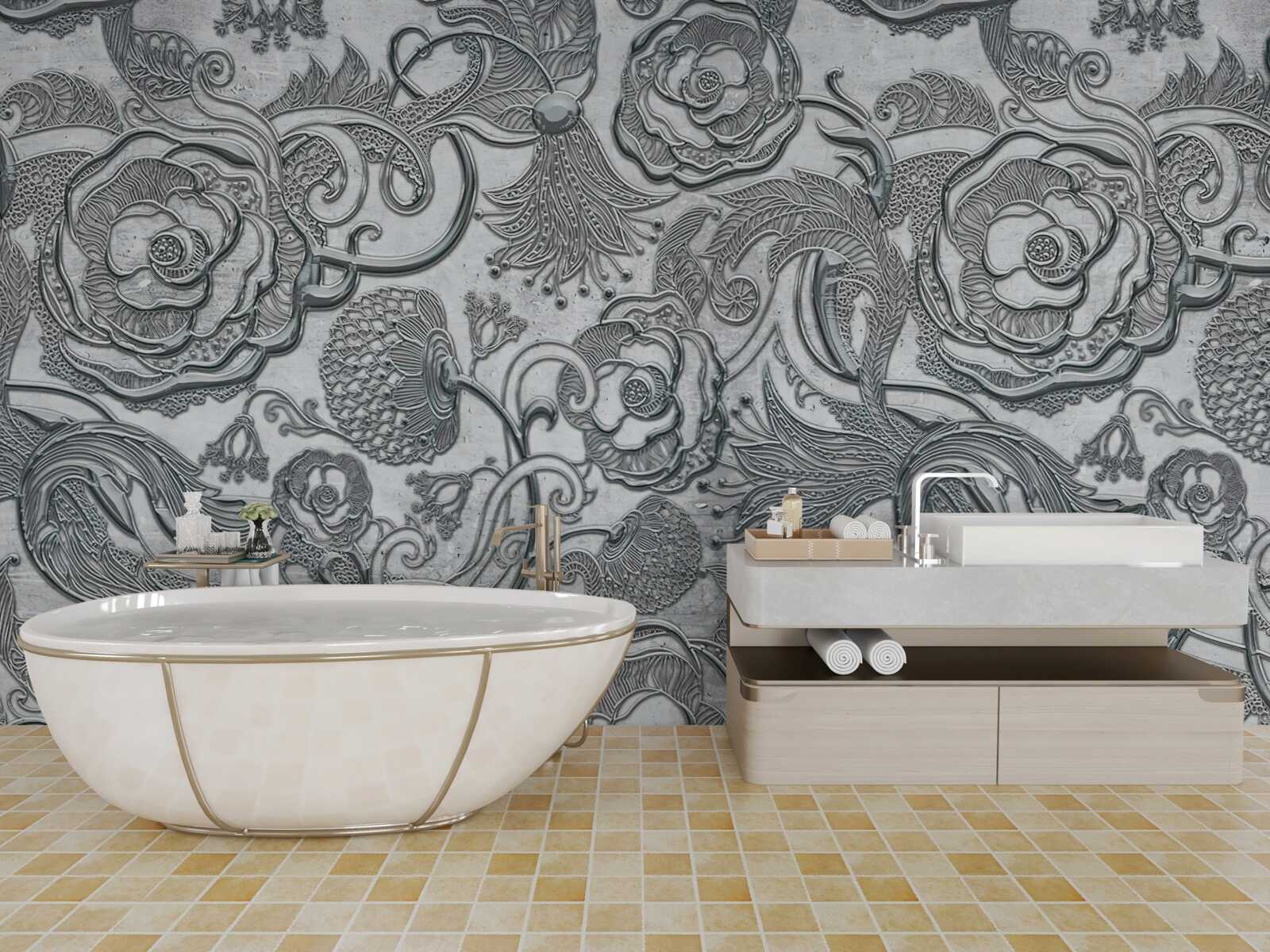 Papier peint des fleurs au contour gris argenté