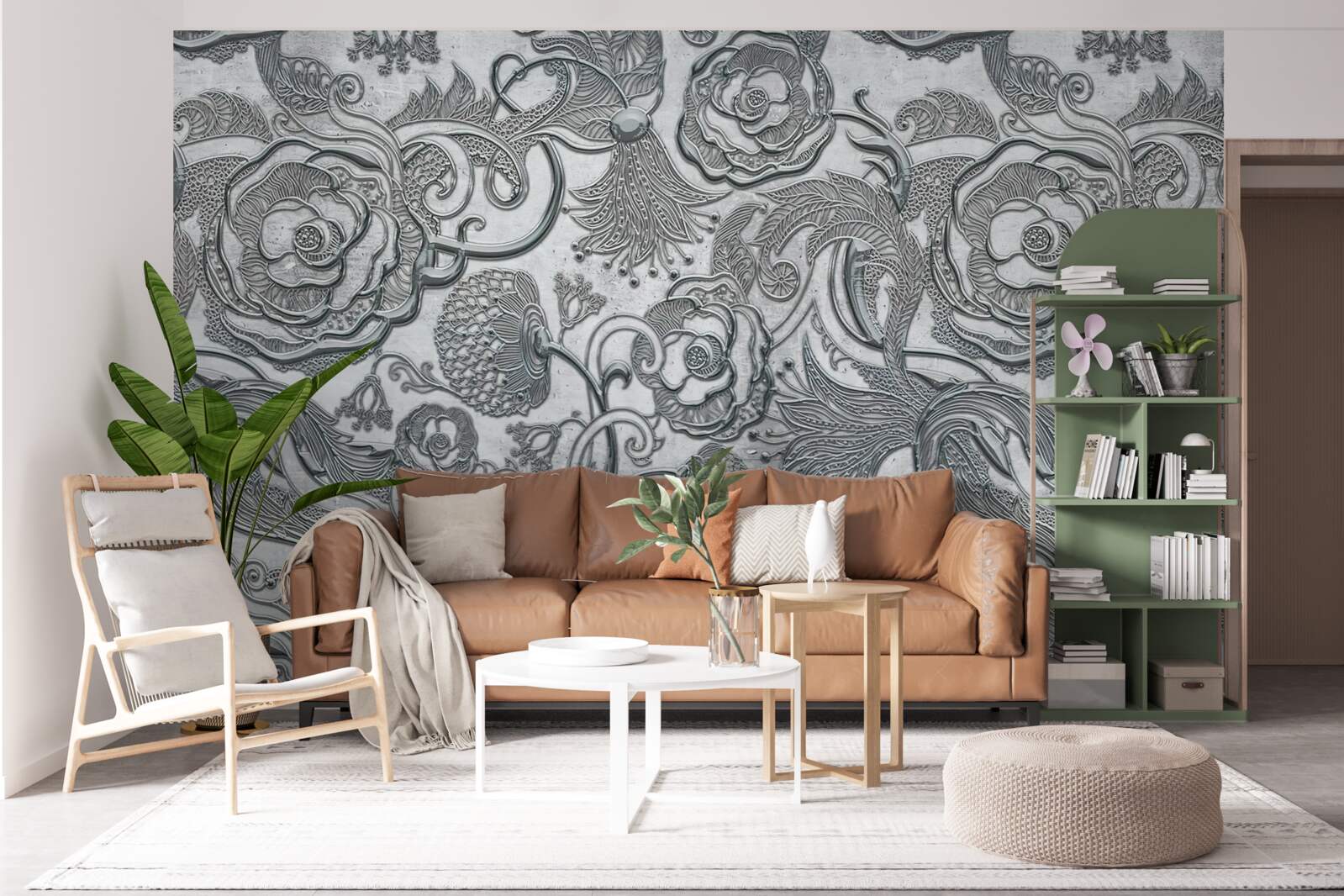 Papier peint des fleurs au contour gris argenté