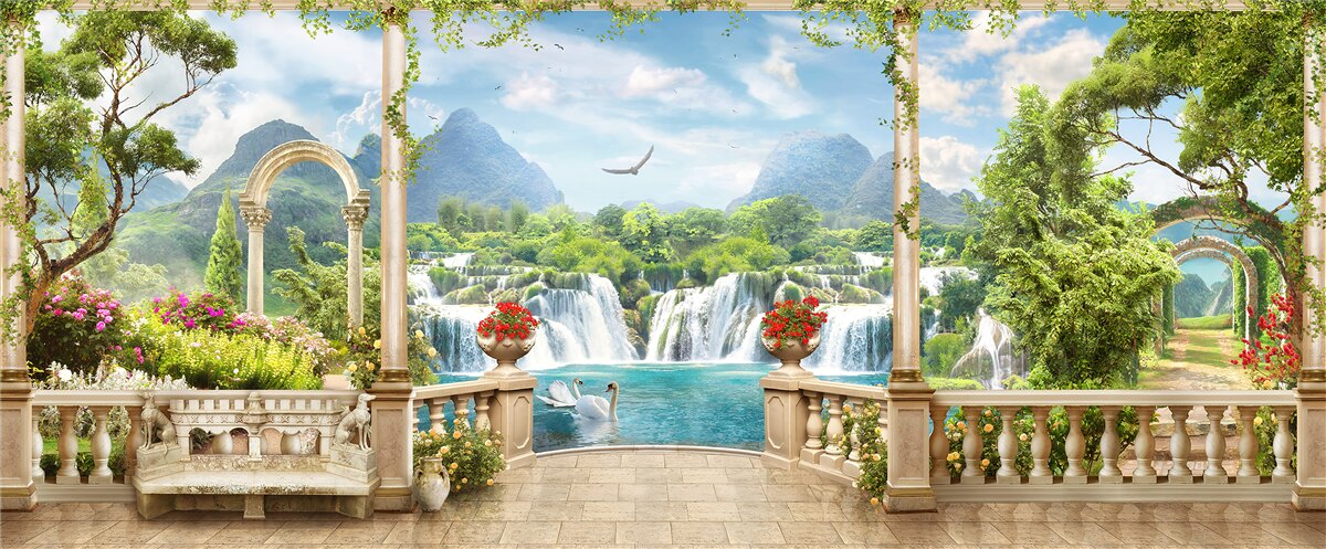 Papier peint le panorama du balcon montre une cascade et de gracieux cygnes nageurs