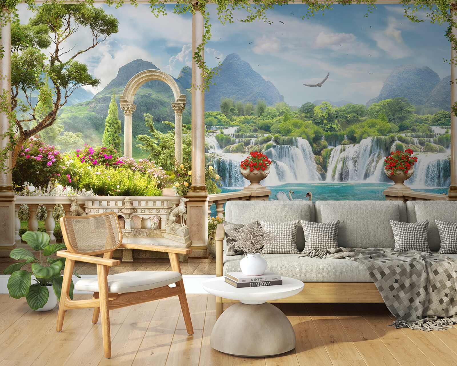 Papier peint le panorama du balcon montre une cascade et de gracieux cygnes nageurs