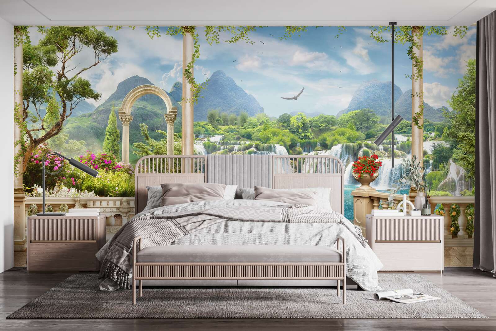 Papier peint le panorama du balcon montre une cascade et de gracieux cygnes nageurs