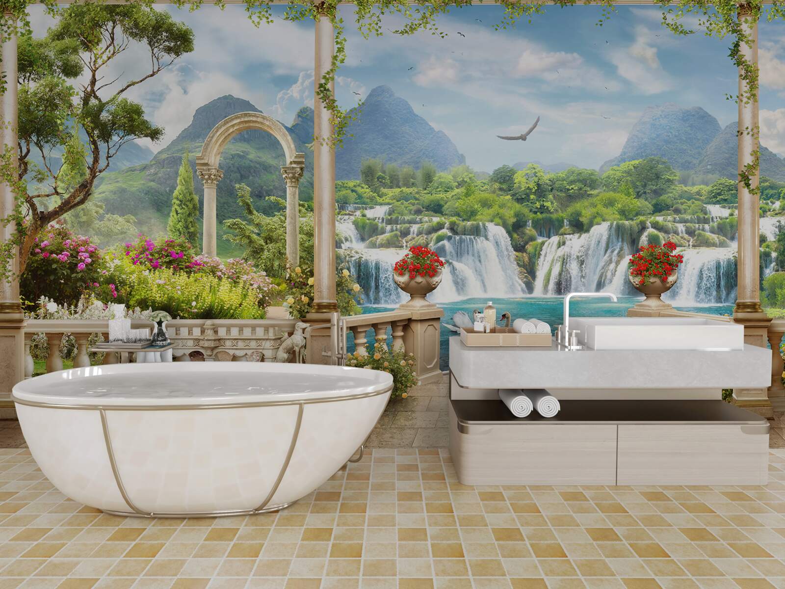 Papier peint le panorama du balcon montre une cascade et de gracieux cygnes nageurs