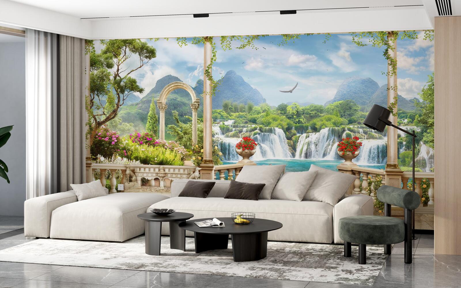 Papier peint le panorama du balcon montre une cascade et de gracieux cygnes nageurs