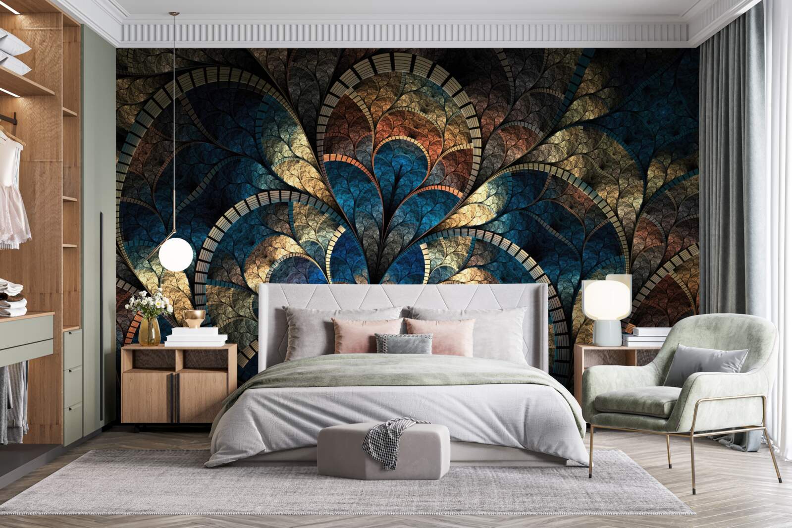 Papier peint figures bleu foncé et or