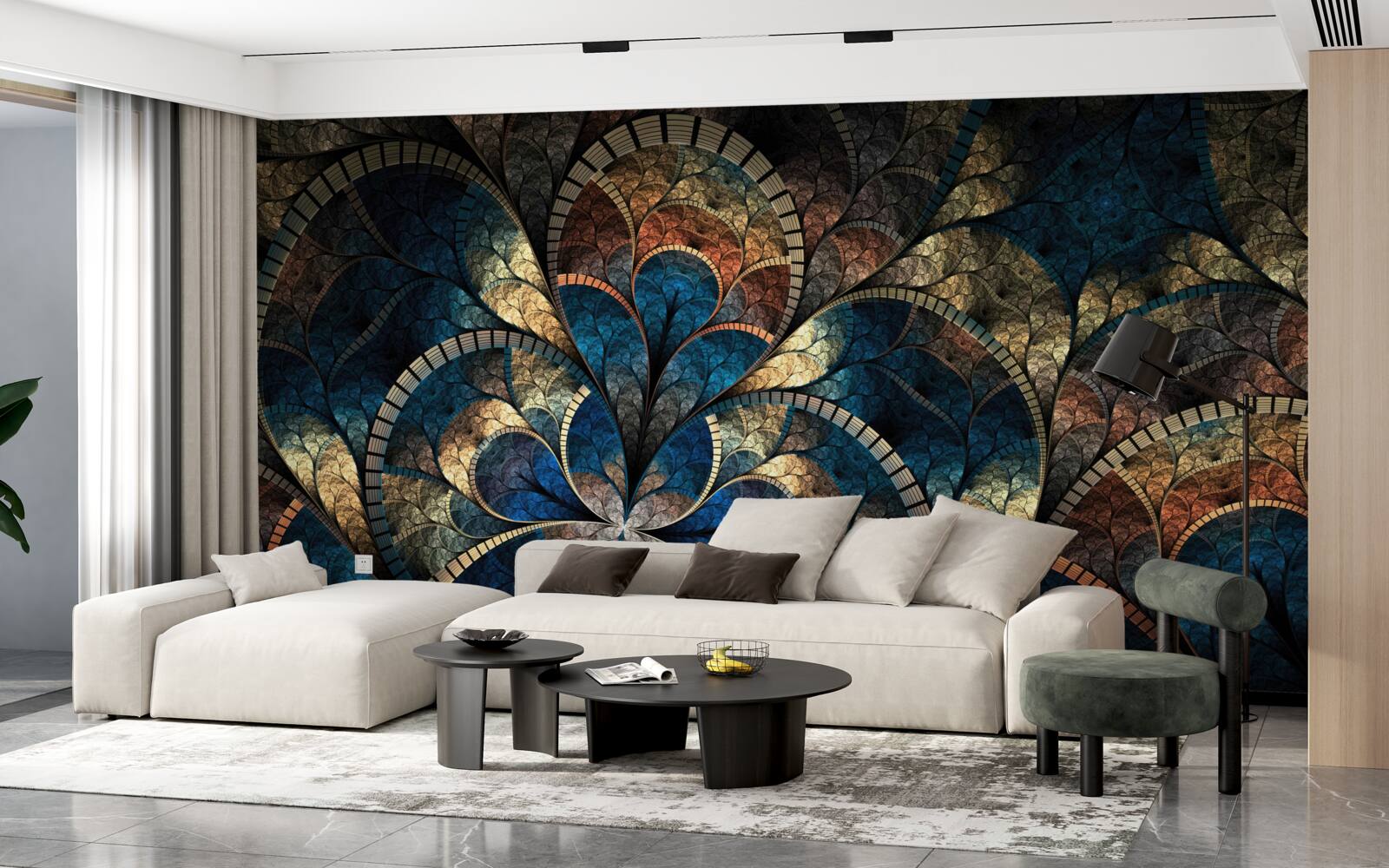 Papier peint figures bleu foncé et or