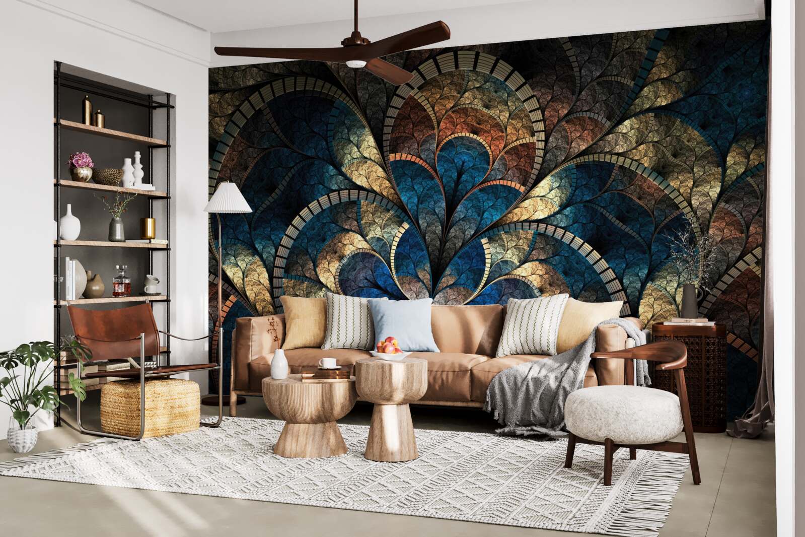 Papier peint figures bleu foncé et or