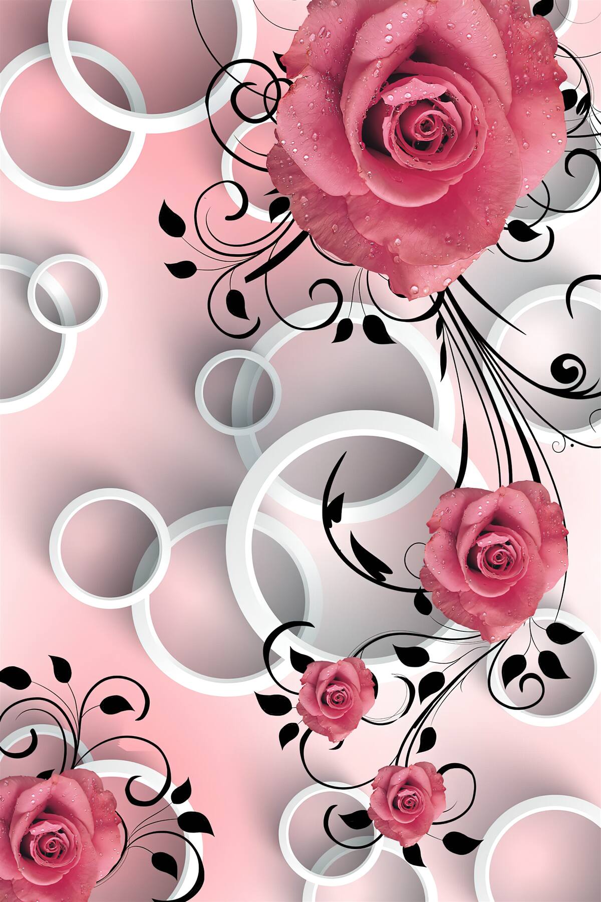 Papier peint roses roses dans des tons clairs sur un fond de la même couleur avec des cercles blancs