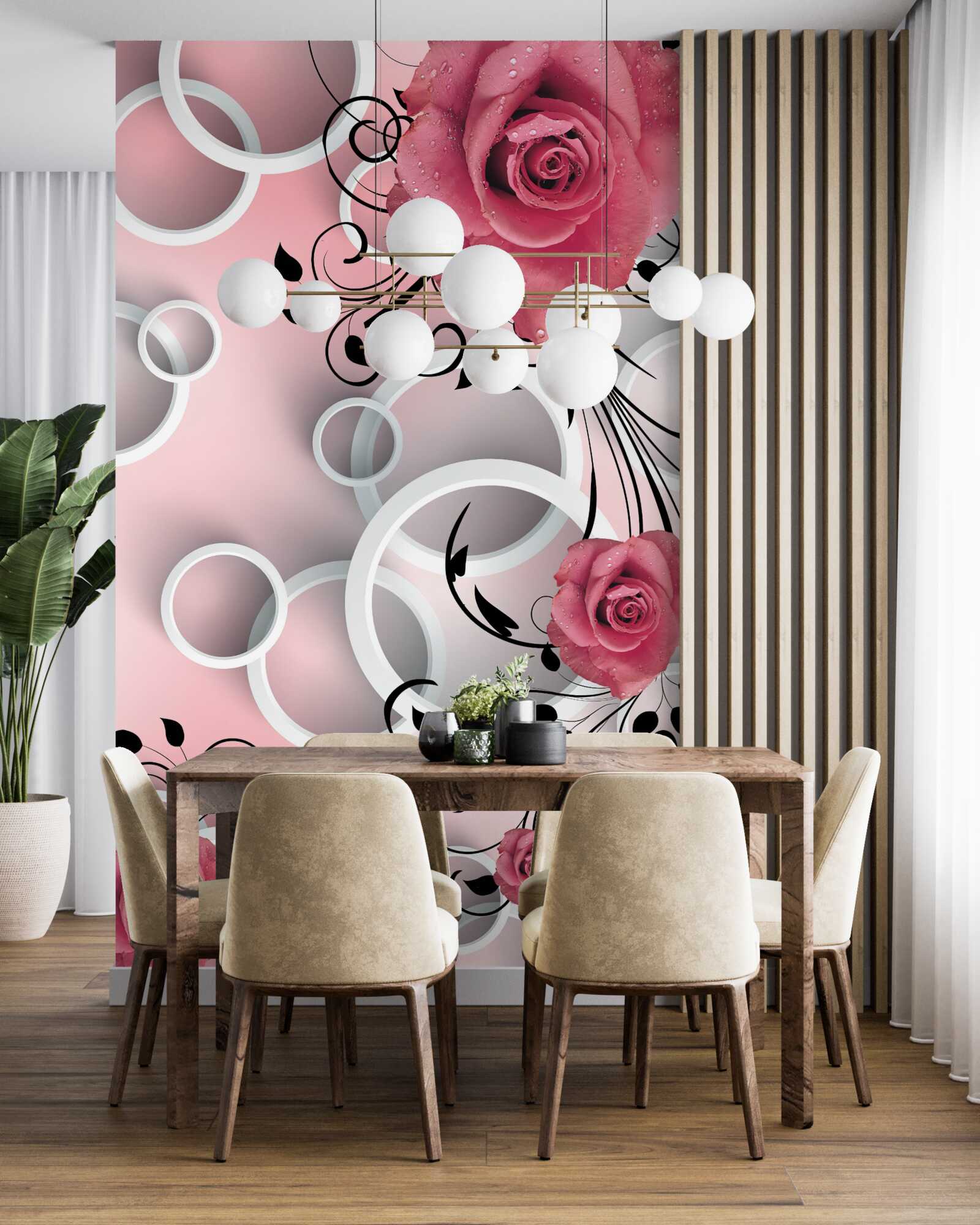 Papier peint roses roses dans des tons clairs sur un fond de la même couleur avec des cercles blancs