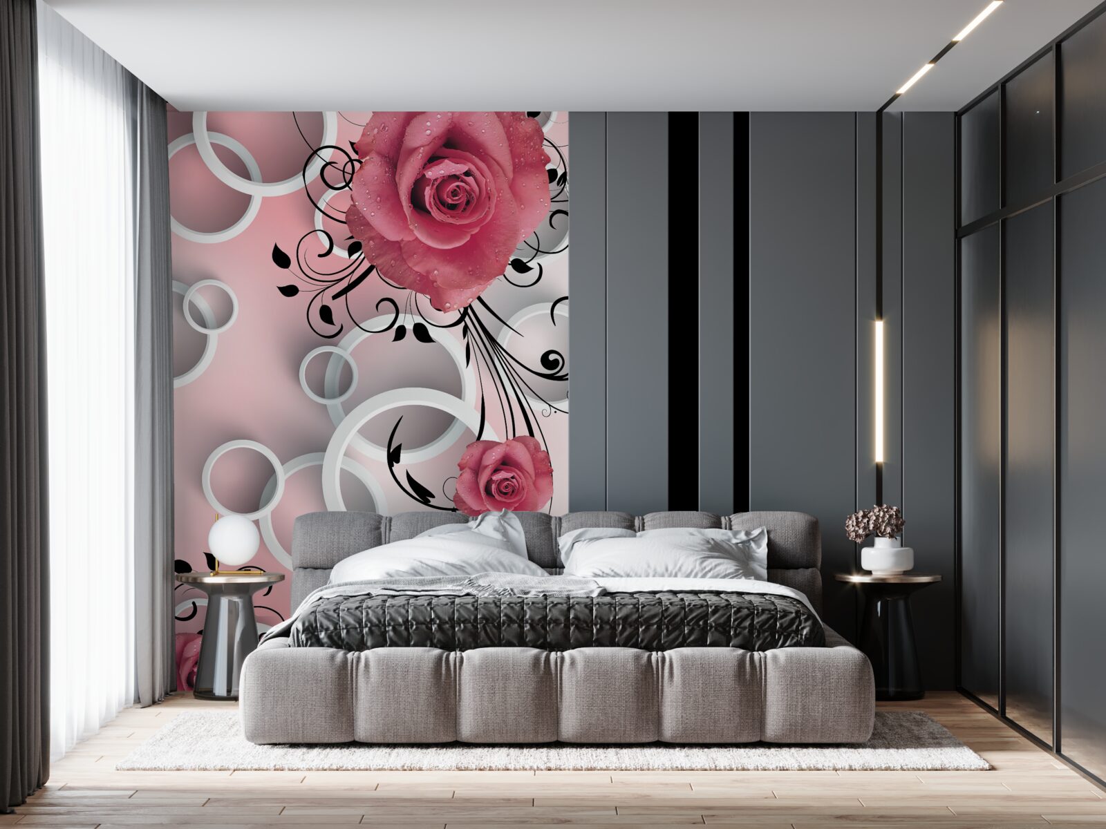 Papier peint roses roses dans des tons clairs sur un fond de la même couleur avec des cercles blancs