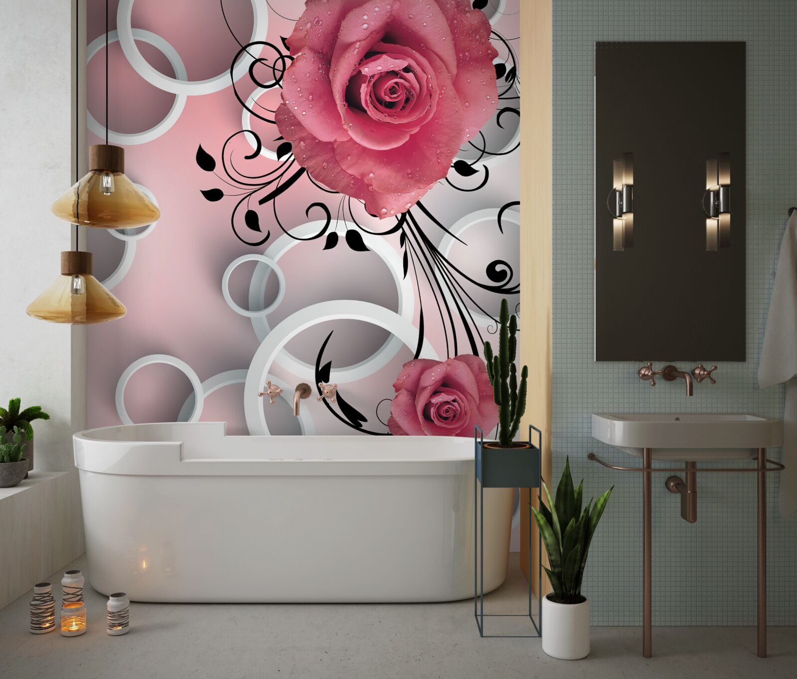 Papier peint roses roses dans des tons clairs sur un fond de la même couleur avec des cercles blancs