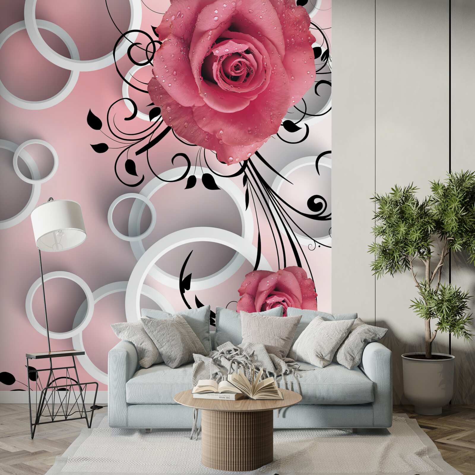 Papier peint roses roses dans des tons clairs sur un fond de la même couleur avec des cercles blancs