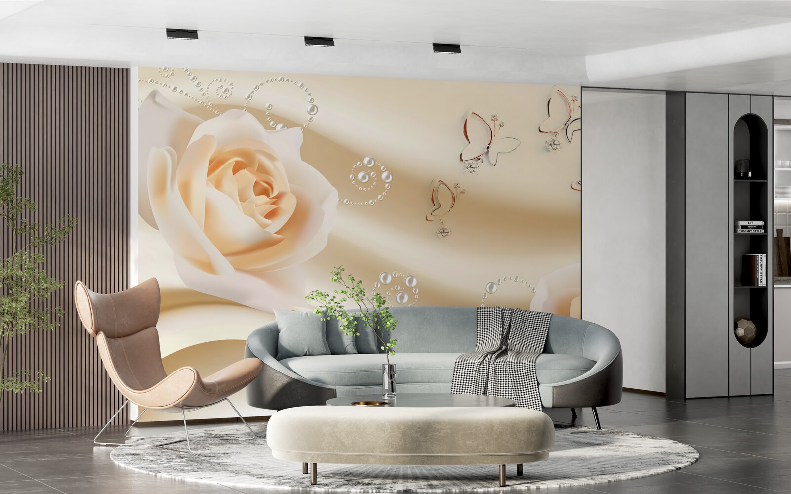 Papier peint un tissu de couleur crème et une paire de roses