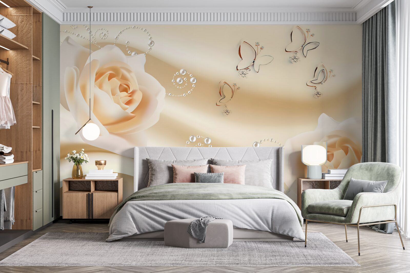 Papier peint un tissu de couleur crème et une paire de roses