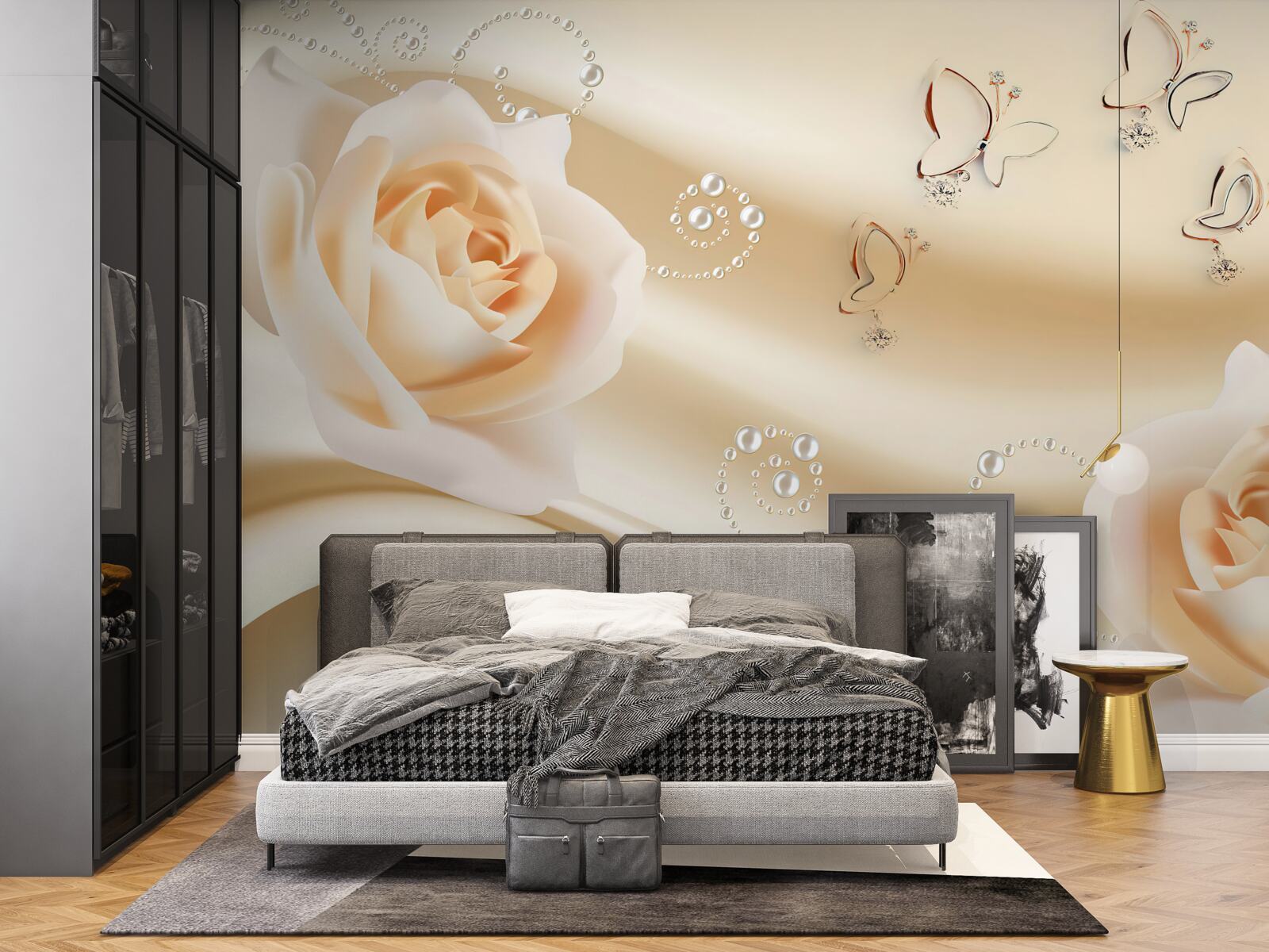 Papier peint un tissu de couleur crème et une paire de roses