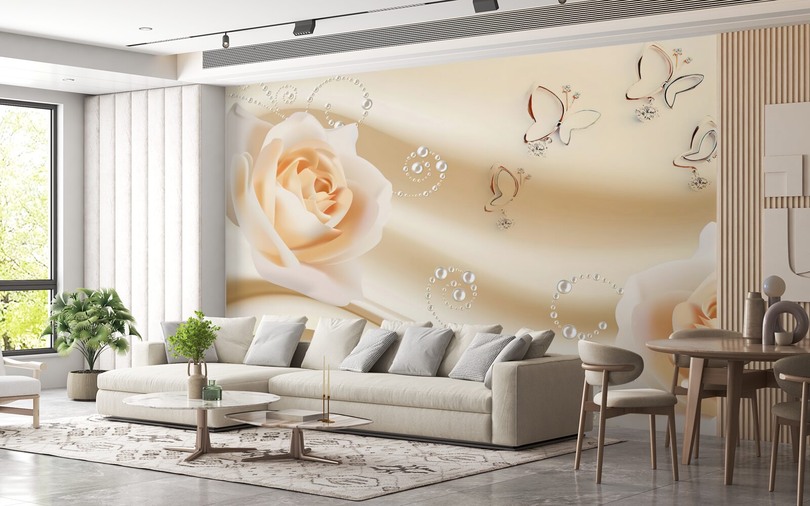 Papier peint un tissu de couleur crème et une paire de roses