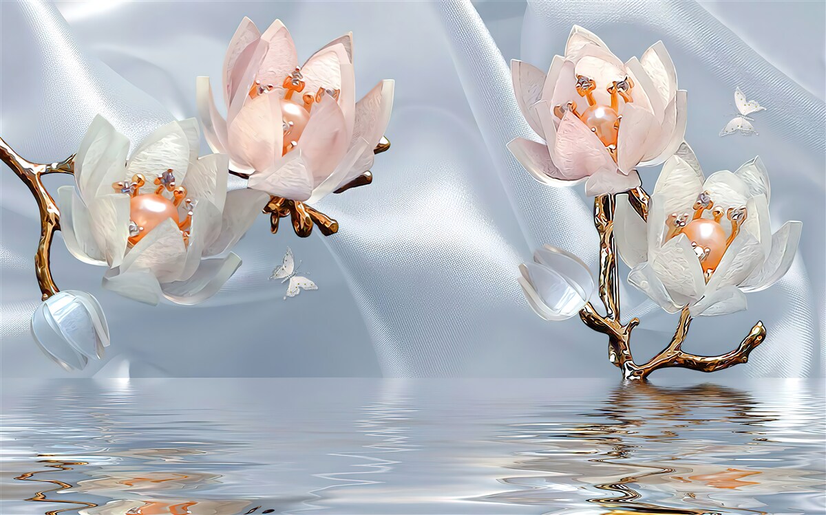 Papier peint de grandes fleurs blanches s'épanouissent sur les branches au-dessus de l'eau