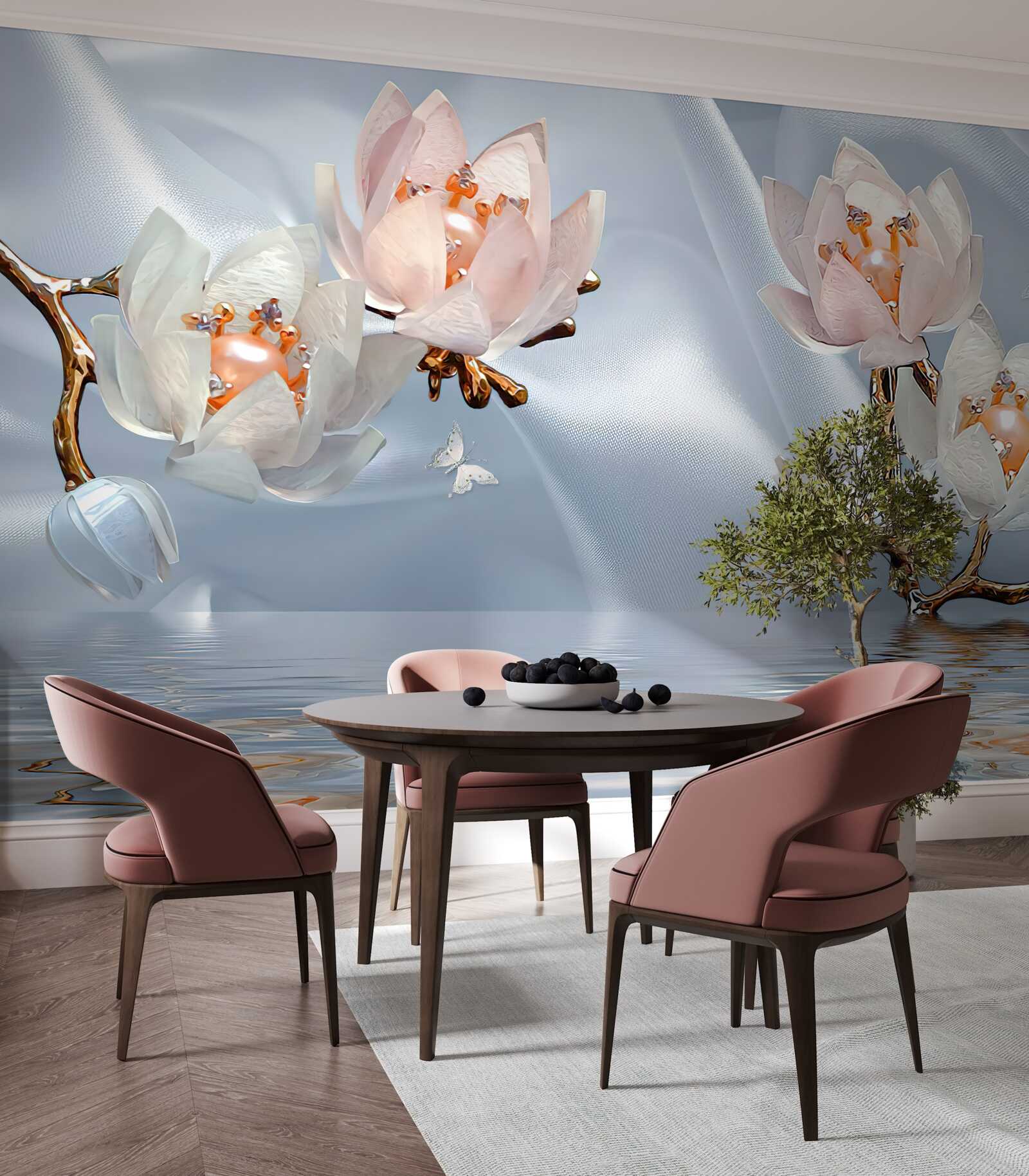 Papier peint de grandes fleurs blanches s'épanouissent sur les branches au-dessus de l'eau