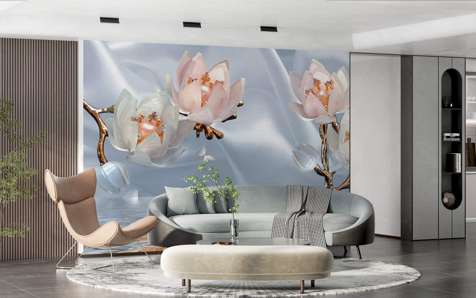 Papier peint de grandes fleurs blanches s'épanouissent sur les branches au-dessus de l'eau