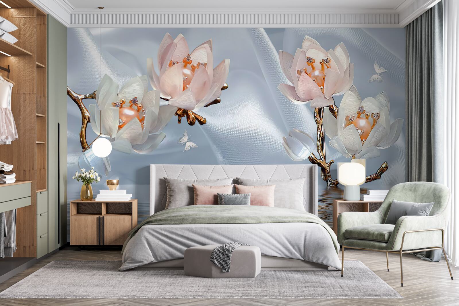 Papier peint de grandes fleurs blanches s'épanouissent sur les branches au-dessus de l'eau