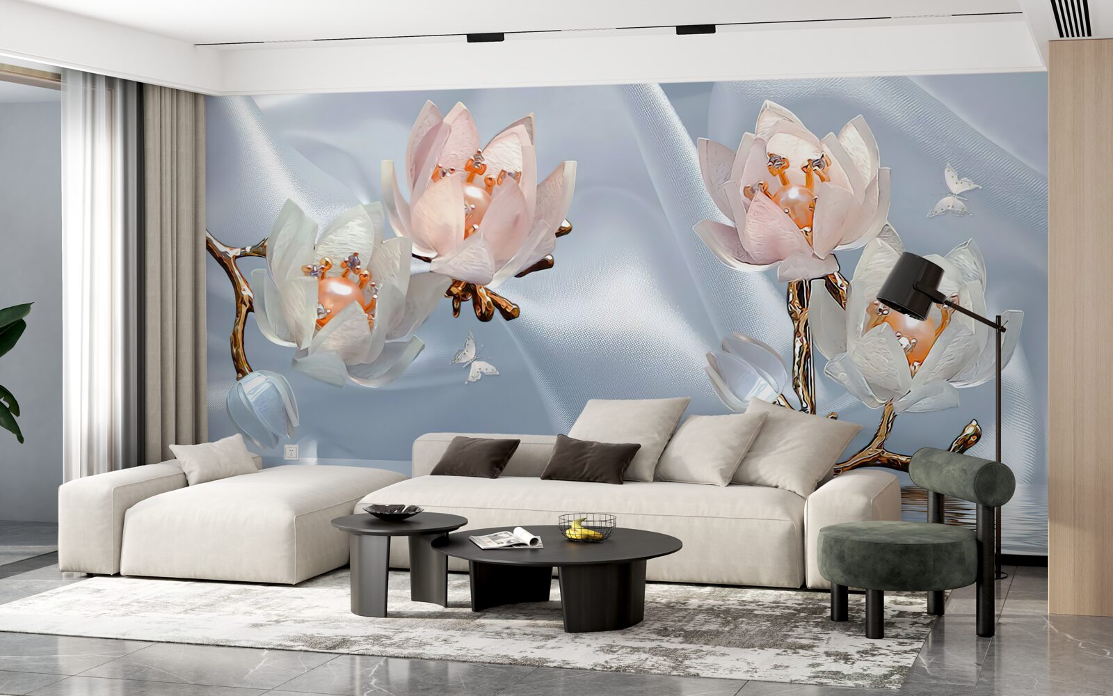 Papier peint de grandes fleurs blanches s'épanouissent sur les branches au-dessus de l'eau