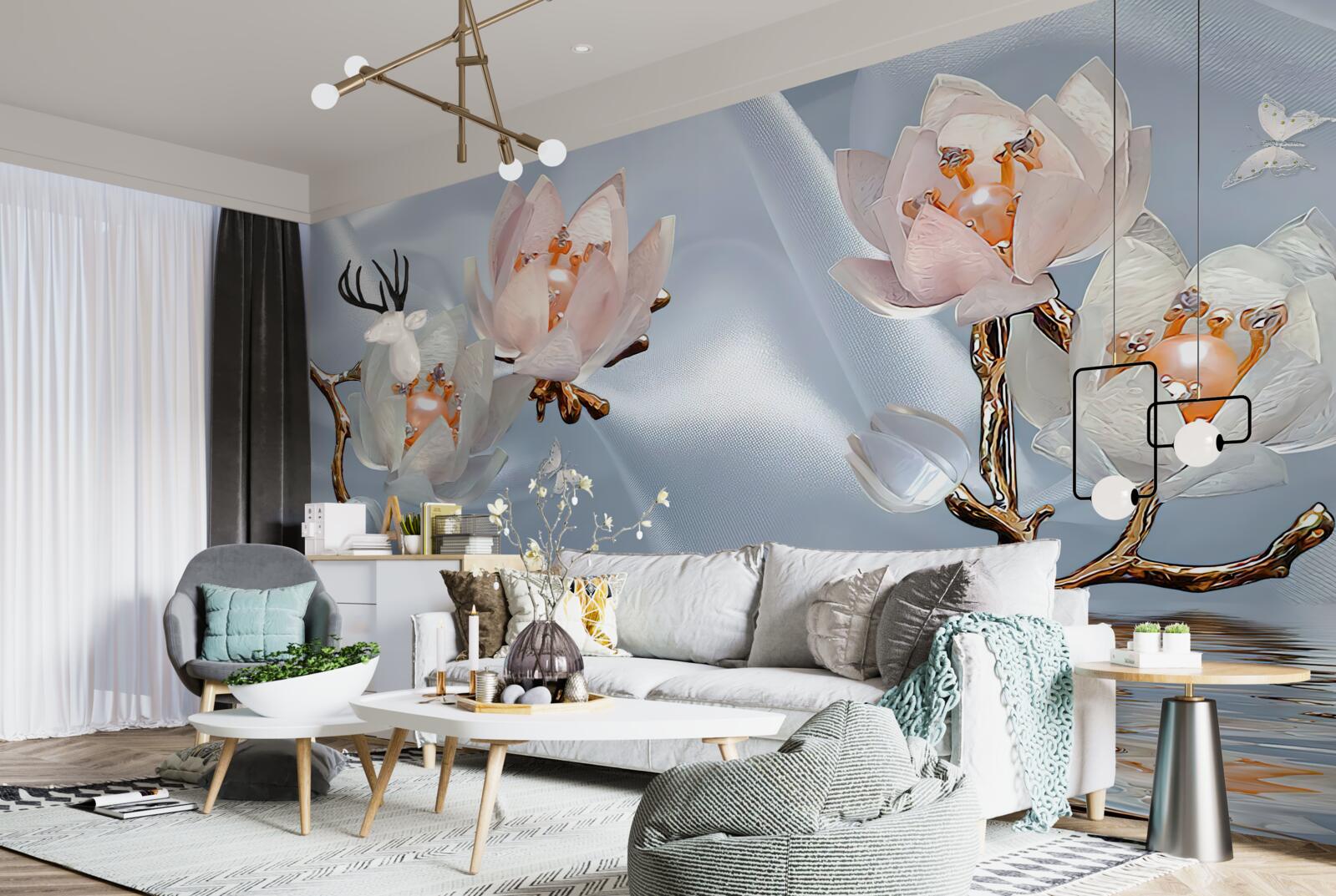 Papier peint de grandes fleurs blanches s'épanouissent sur les branches au-dessus de l'eau